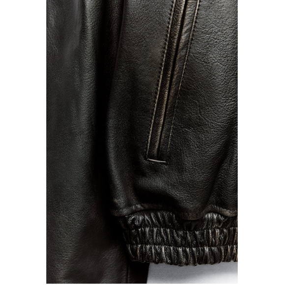 NWT Zara Distressed Effect High Collar Leather Jacket Dark Brown Sz:L - Picture 8 of 16